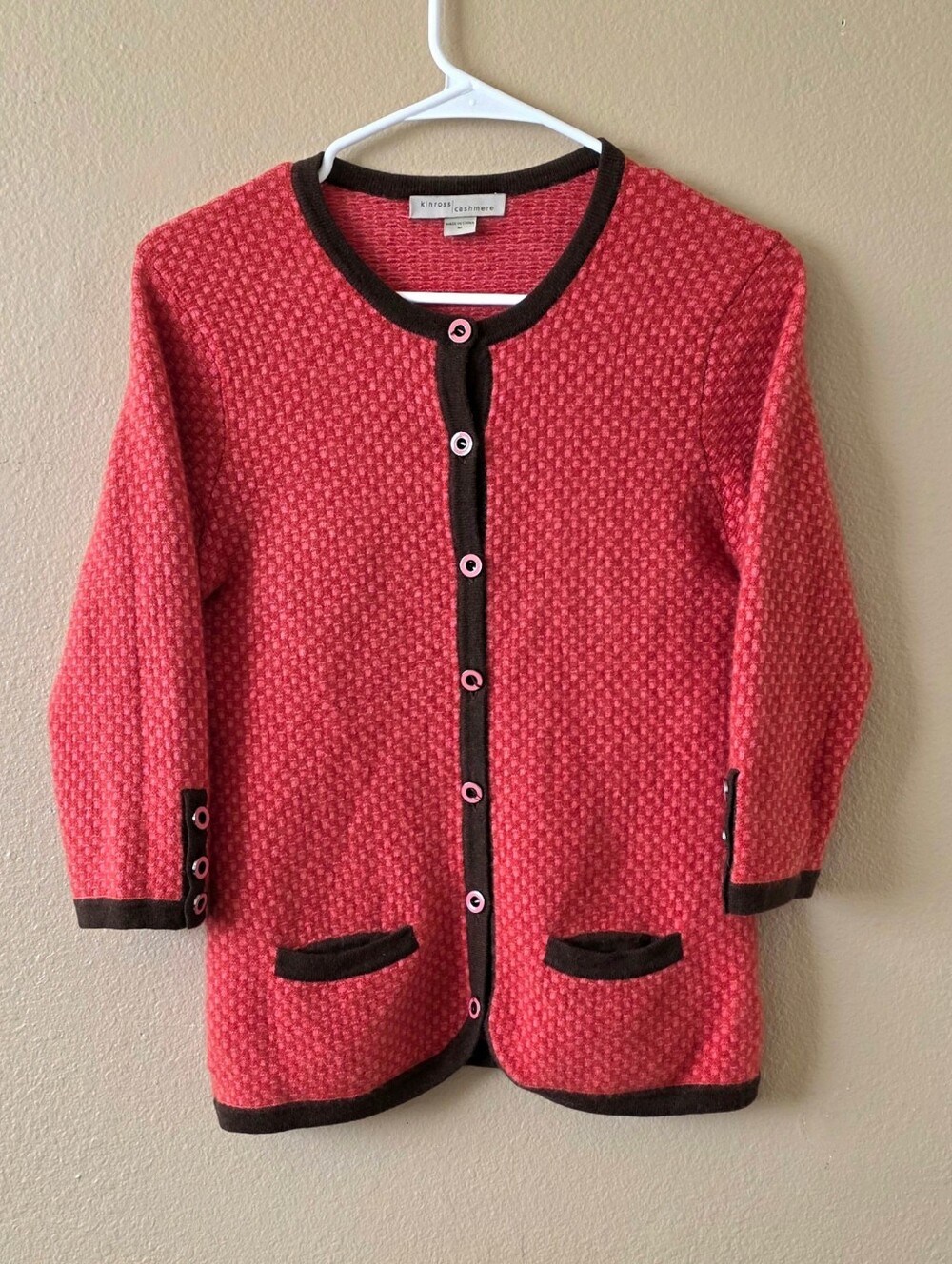 Kinross Cashmere Pink Brown Textured Button Front Cardigan Sweater - Size Medium